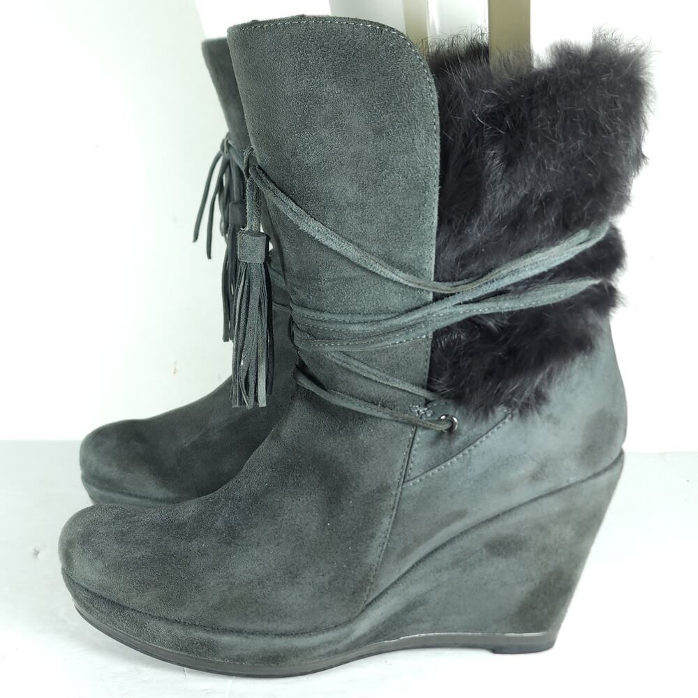 Luciano Barachini Women's EU38 US7-7,5 Gray Suede Faux Fur Lace Up Wedge Boots - Picture 2 of 16